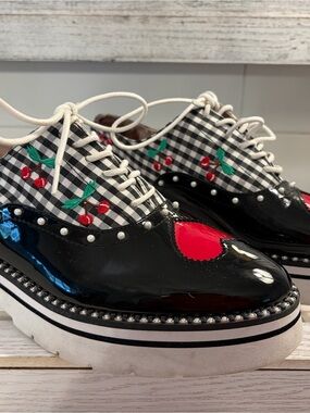 Betsey Johnson ABBOTT Oxfords with Red Heart & Cherry Embroidey